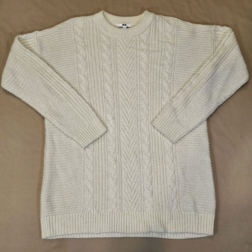 Uniqlo Cream Cable Knit Sweater Womens Chunky Wool Acrylic Blend Crew Neck Large